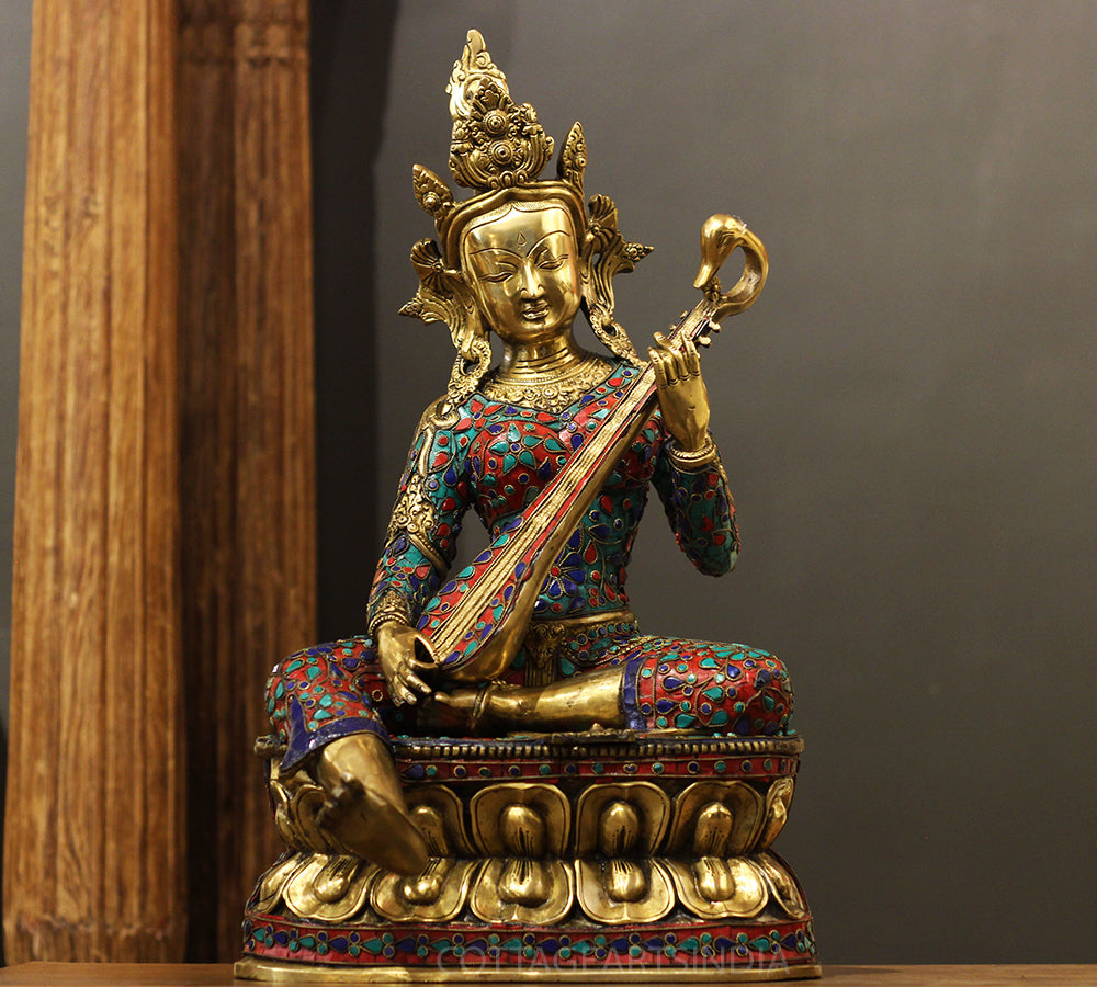 Brass Saraswati StoneInlay 22" -One Of Its Kind