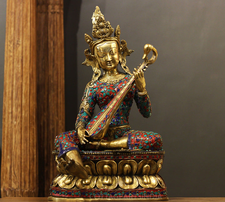 Brass Saraswati StoneInlay 22" -One Of Its Kind