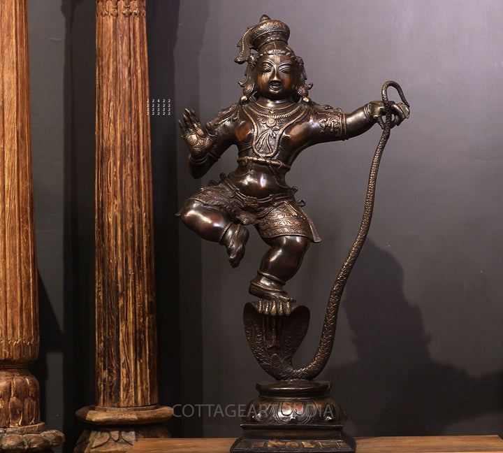 Brass Krishna On Serpent - Kaliyadaman Posture 35"