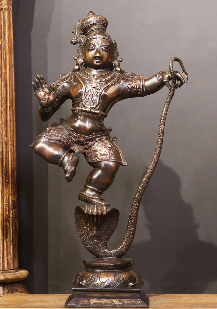 Brass Krishna On Serpent - Kaliyadaman Posture 35"