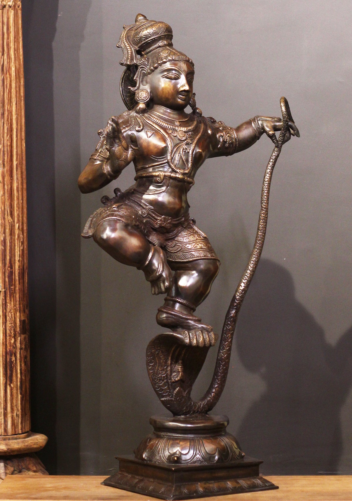 Brass Krishna On Serpent - Kaliyadaman Posture 35"