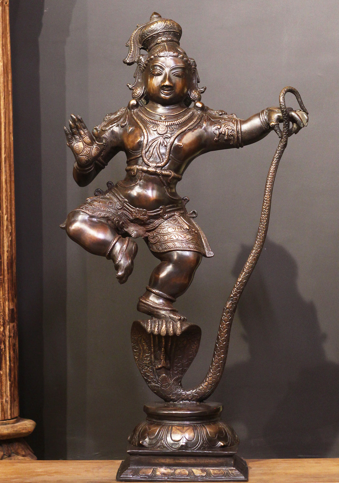 Brass Krishna On Serpent - Kaliyadaman Posture 35"