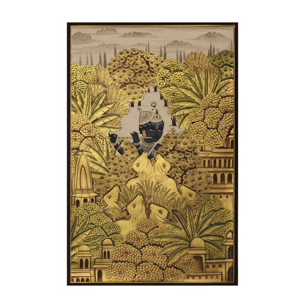 Krishna with Cows Pichwai Painting – Golden Vrindavan Wall Art