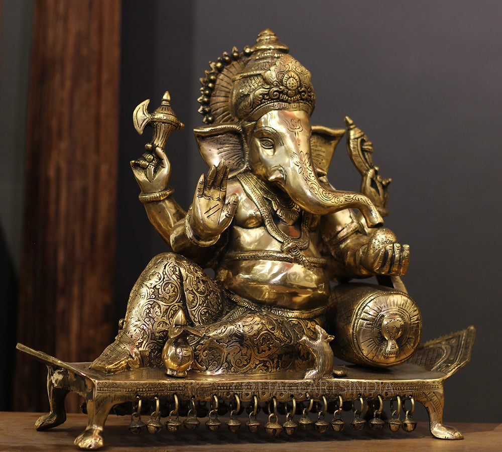 Brass Ganesh Resting On Chowki