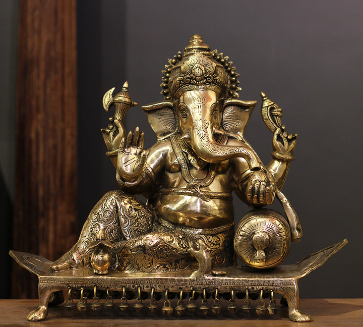 Brass Ganesh Resting On Chowki