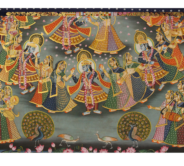 Hand-Painted Maharas Leela Pichwai Painting | Krishna Ras Leela Artwork