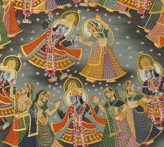 Hand-Painted Maharas Leela Pichwai Painting | Krishna Ras Leela Artwork