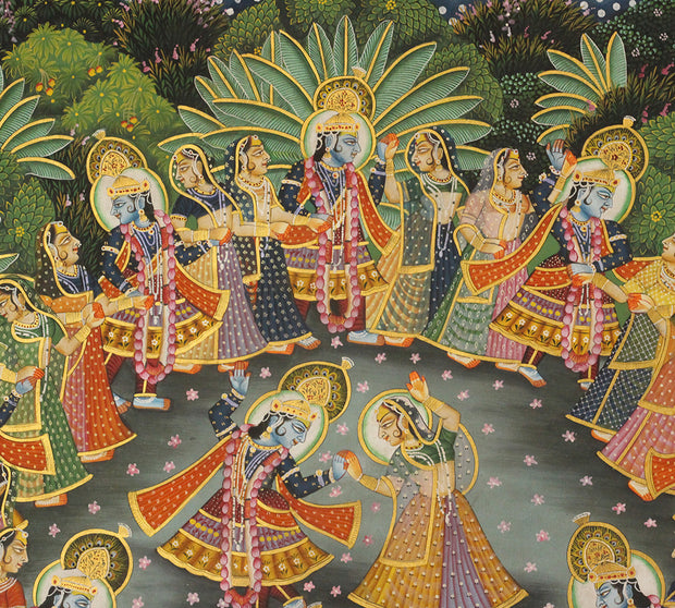 Hand-Painted Maharas Leela Pichwai Painting | Krishna Ras Leela Artwork