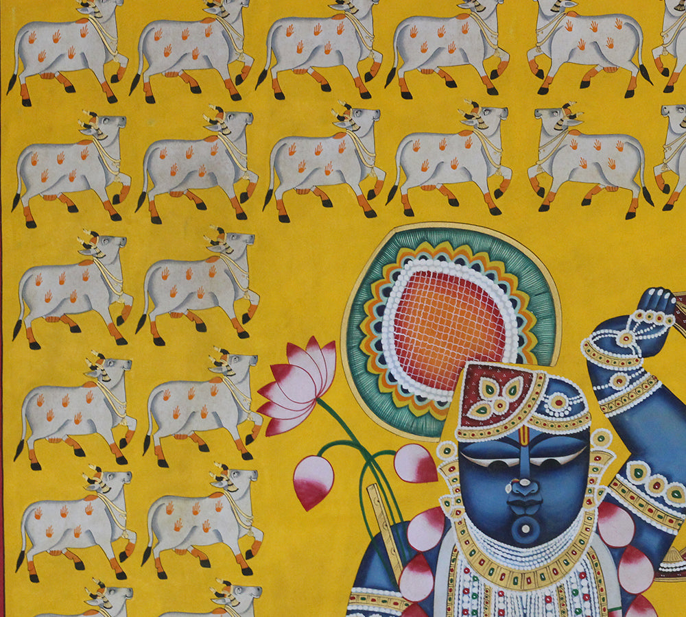Hand-Painted Shrinathji Pichwai Painting and  Sacred Cows