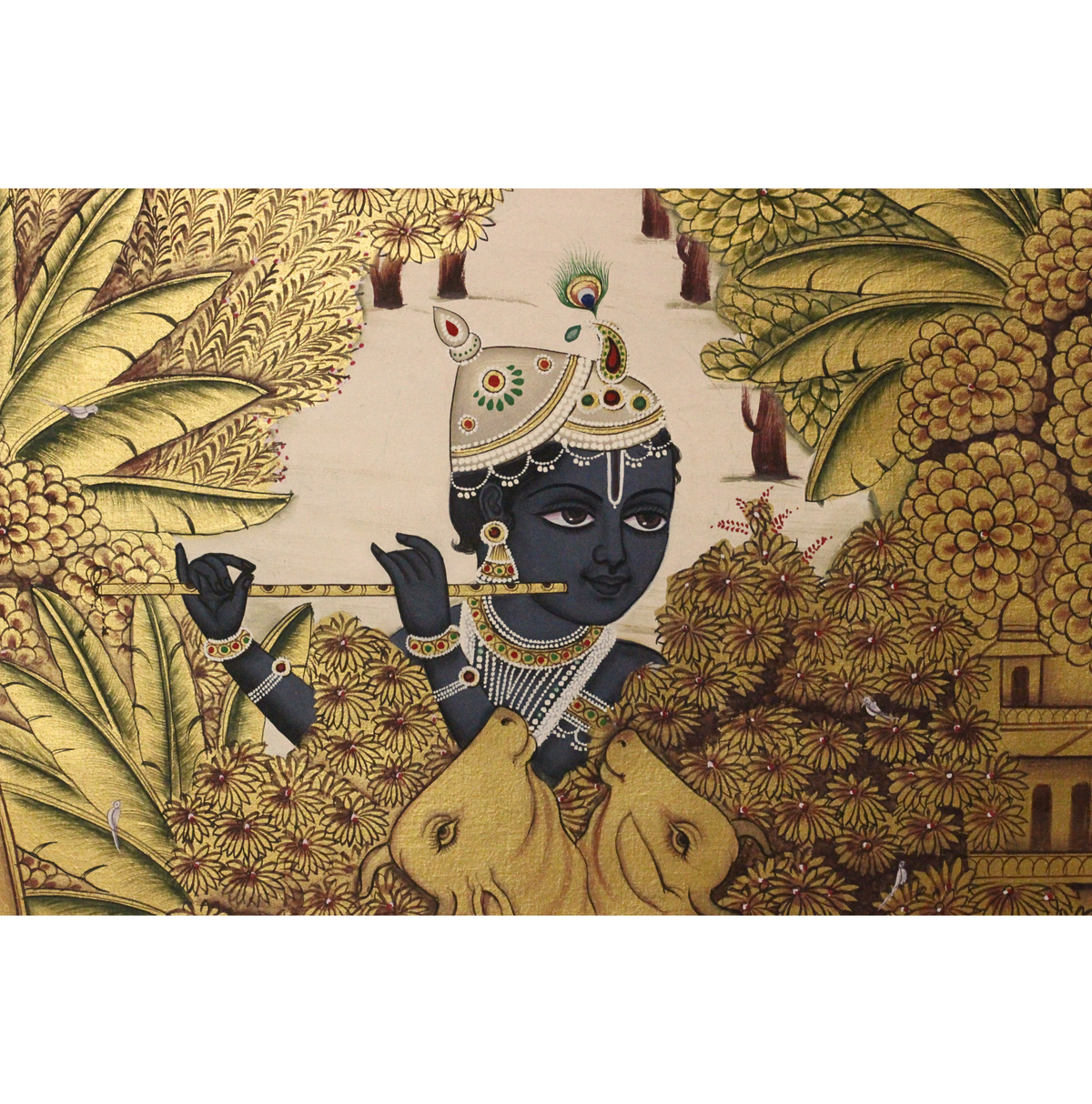 Krishna with Cows Pichwai Painting – Golden Vrindavan Wall Art