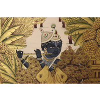 Krishna with Cows Pichwai Painting – Golden Vrindavan Wall Art