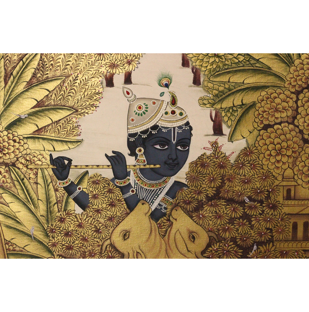 Krishna with Cows Pichwai Painting – Golden Vrindavan Wall Art