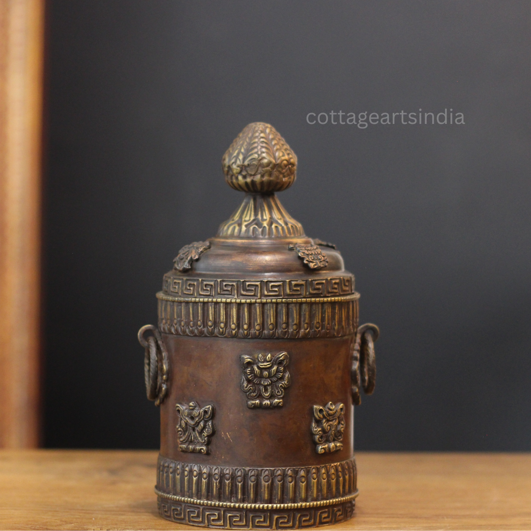 Antique Finish Copper & Brass Tibetan Motif Box with Ornamental Lid