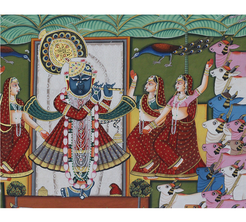 Hand-Painted Shrinathji Pichwai Painting | Krishna with Cows & Gopis