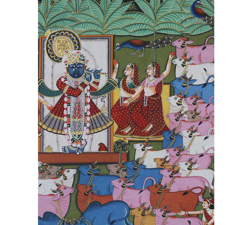 Hand-Painted Shrinathji Pichwai Painting | Krishna with Cows & Gopis