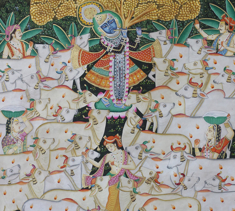 Hand-Painted Shrinathji Gopal Pichwai Painting | Sacred Cow Theme Artwork