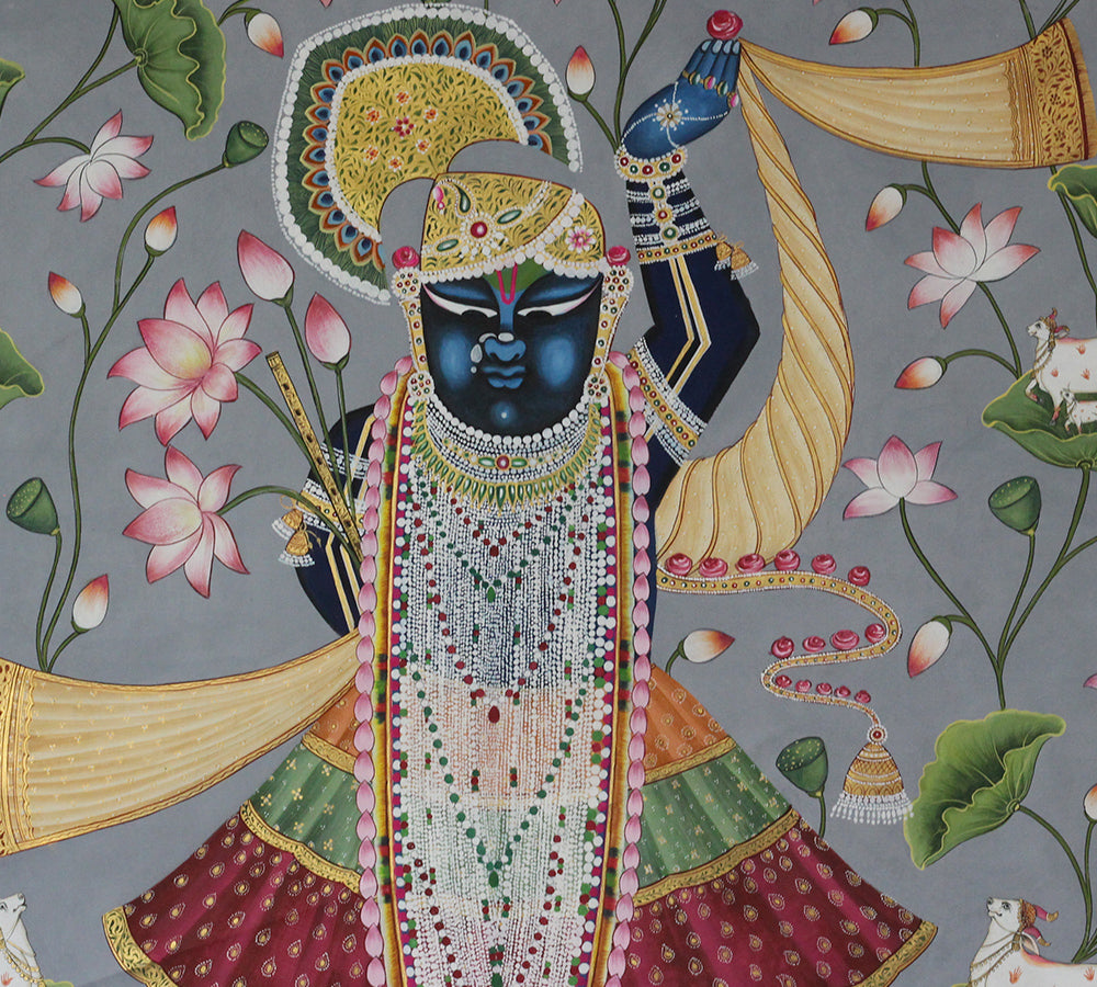 Hand-Painted Shrinathji Pichwai Painting | Traditional Lotus Theme Artwork
