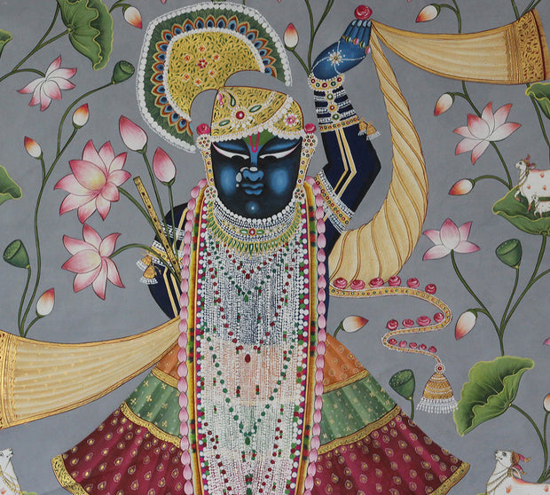 Hand-Painted Shrinathji Pichwai Painting | Traditional Lotus Theme Artwork