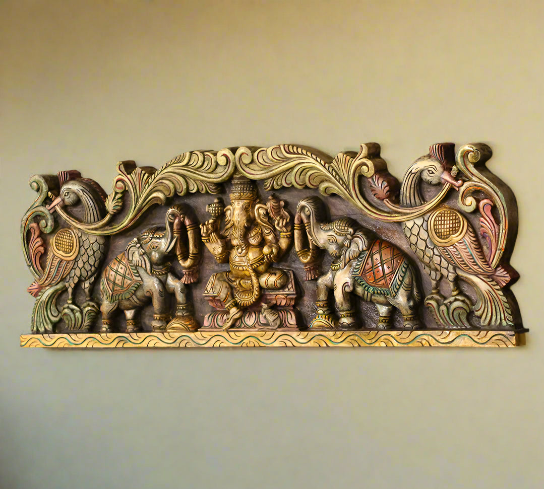 Wooden Ganesh  Wall Panel Horizontal 36"