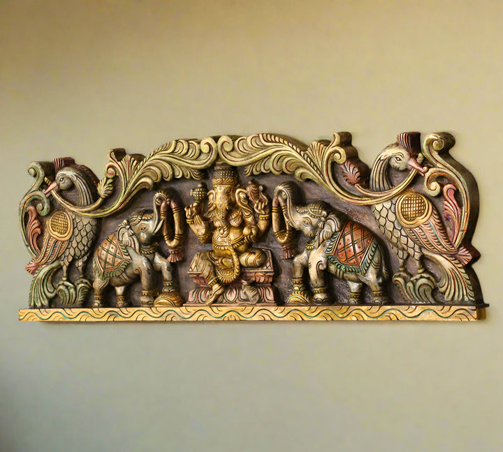 Wooden Ganesh  Wall Panel Horizontal 36"