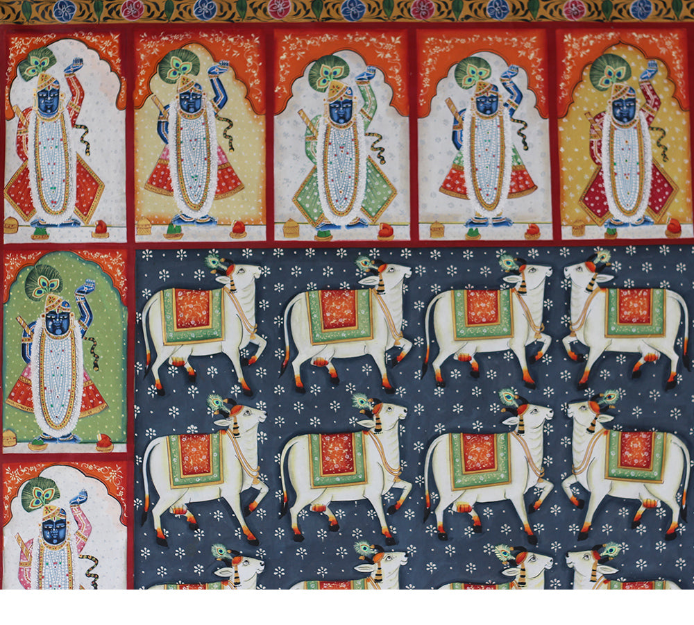 Hand-Painted Shrinathji Pichwai Painting | Sacred Cow & Darshan Nathdwara Art