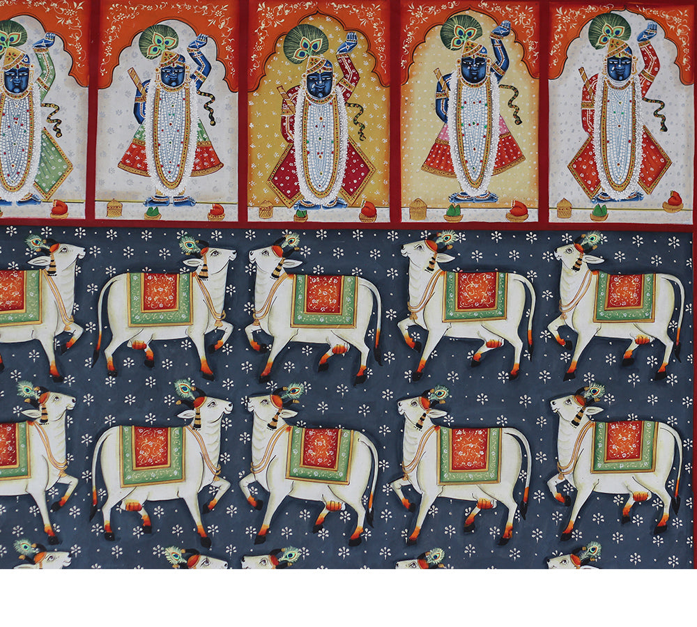 Hand-Painted Shrinathji Pichwai Painting | Sacred Cow & Darshan Nathdwara Art