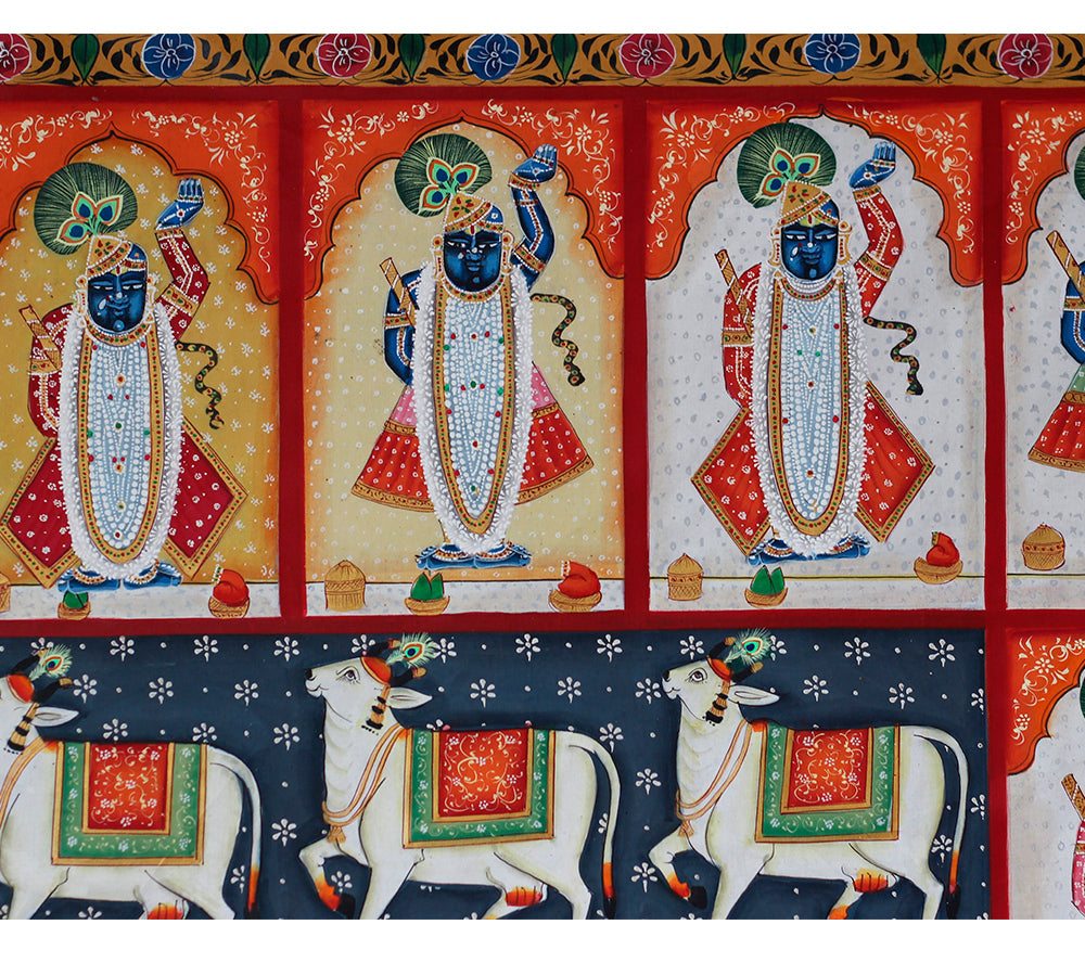 Hand-Painted Shrinathji Pichwai Painting | Sacred Cow & Darshan Nathdwara Art