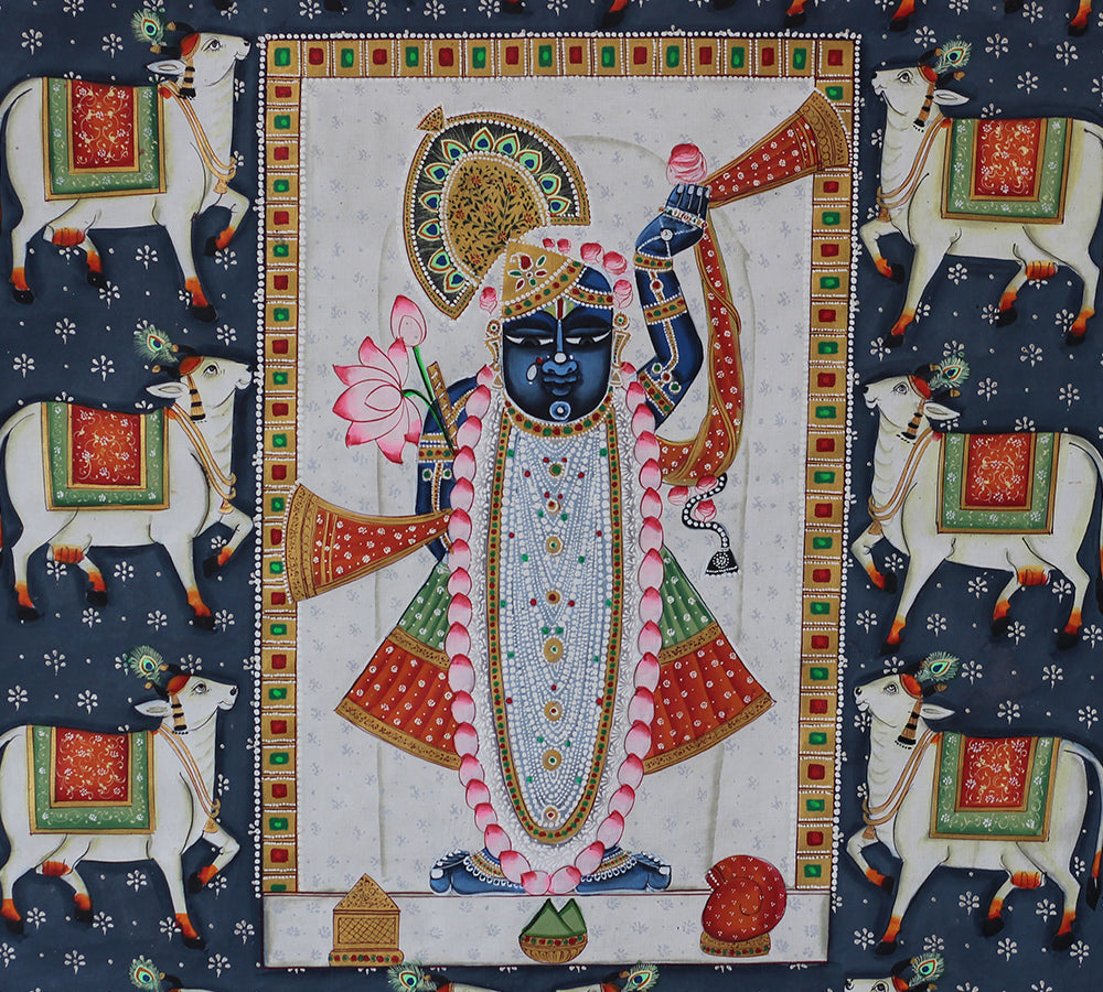 Hand-Painted Shrinathji Pichwai Painting | Sacred Cow & Darshan Nathdwara Art