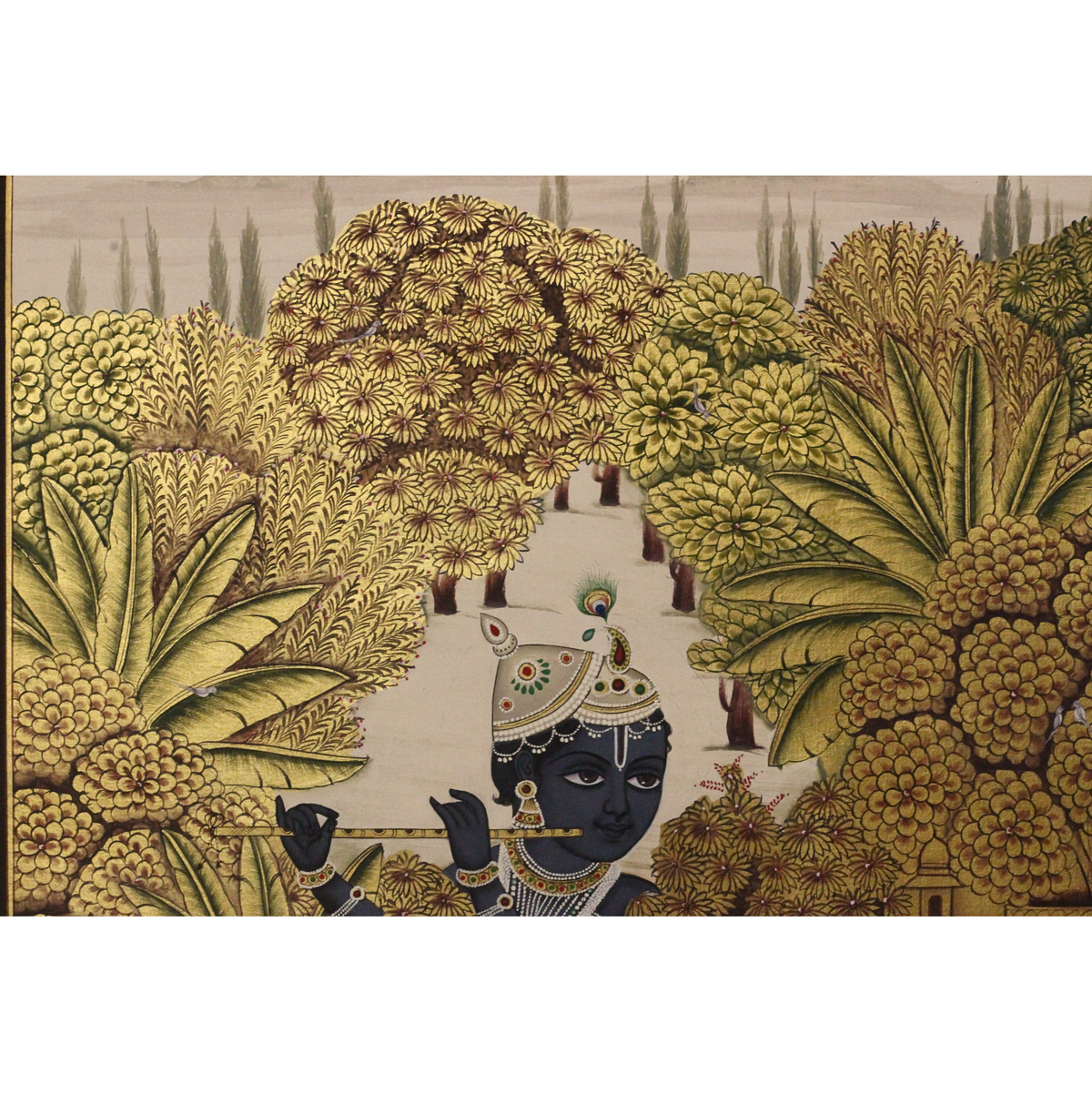 Krishna with Cows Pichwai Painting – Golden Vrindavan Wall Art