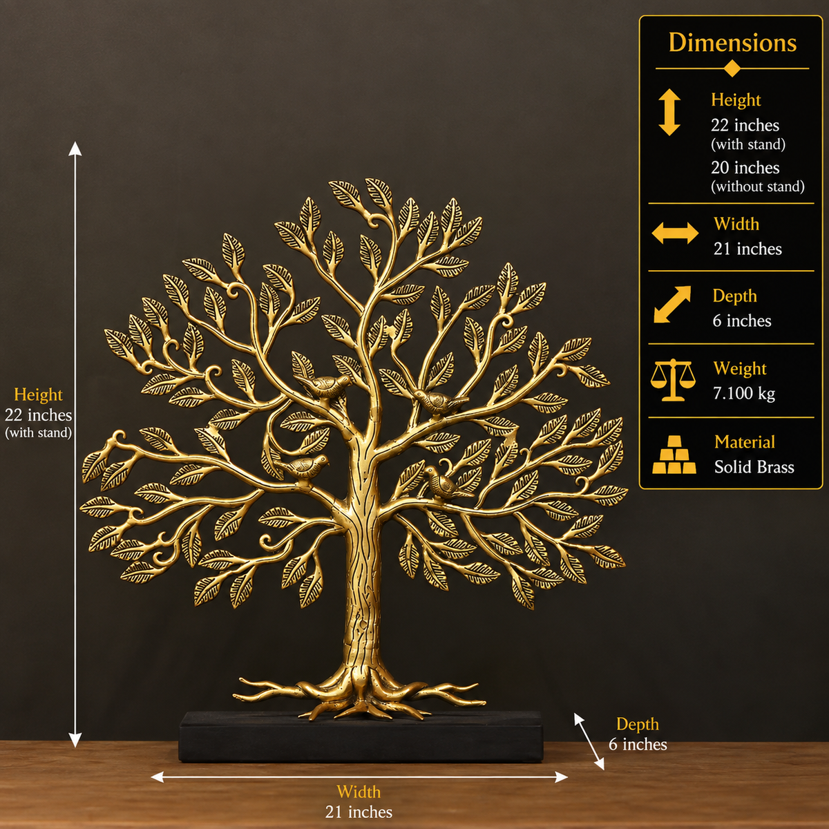 Brass Kalavriksha Tree of Life on Wooden Base – Handcrafted Auspicious Décor