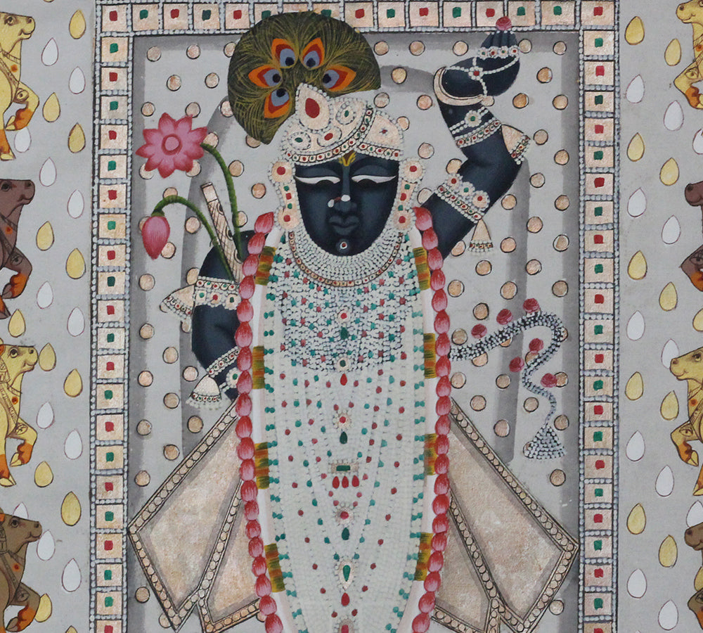 Hand-Painted Shrinathji Silver & Gold Foil Pichwai Painting | Nathdwara Art