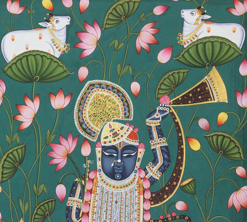 Hand-Painted Shrinathji Lotus Pichwai Painting | Nathdwara Devotional Art