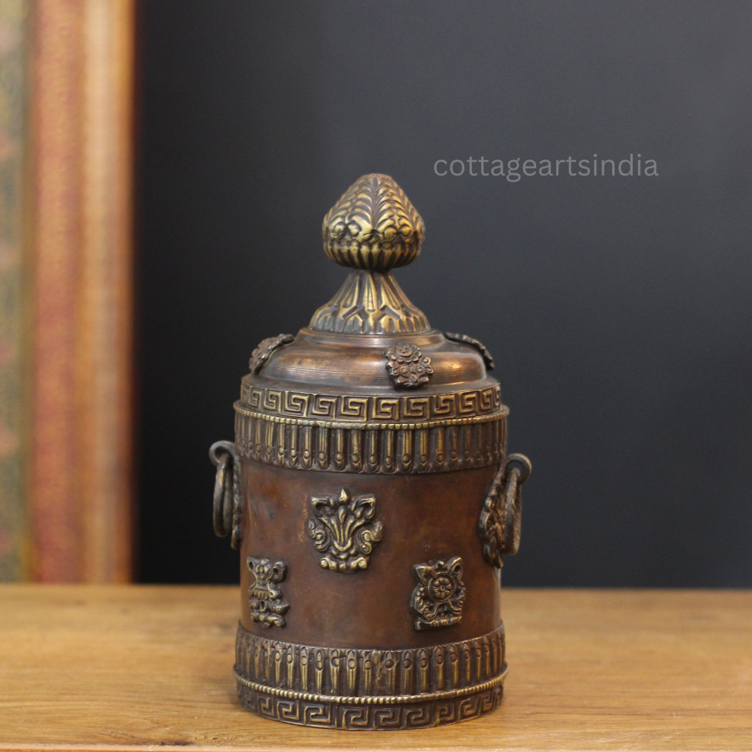 Antique Finish Copper & Brass Tibetan Motif Box with Ornamental Lid