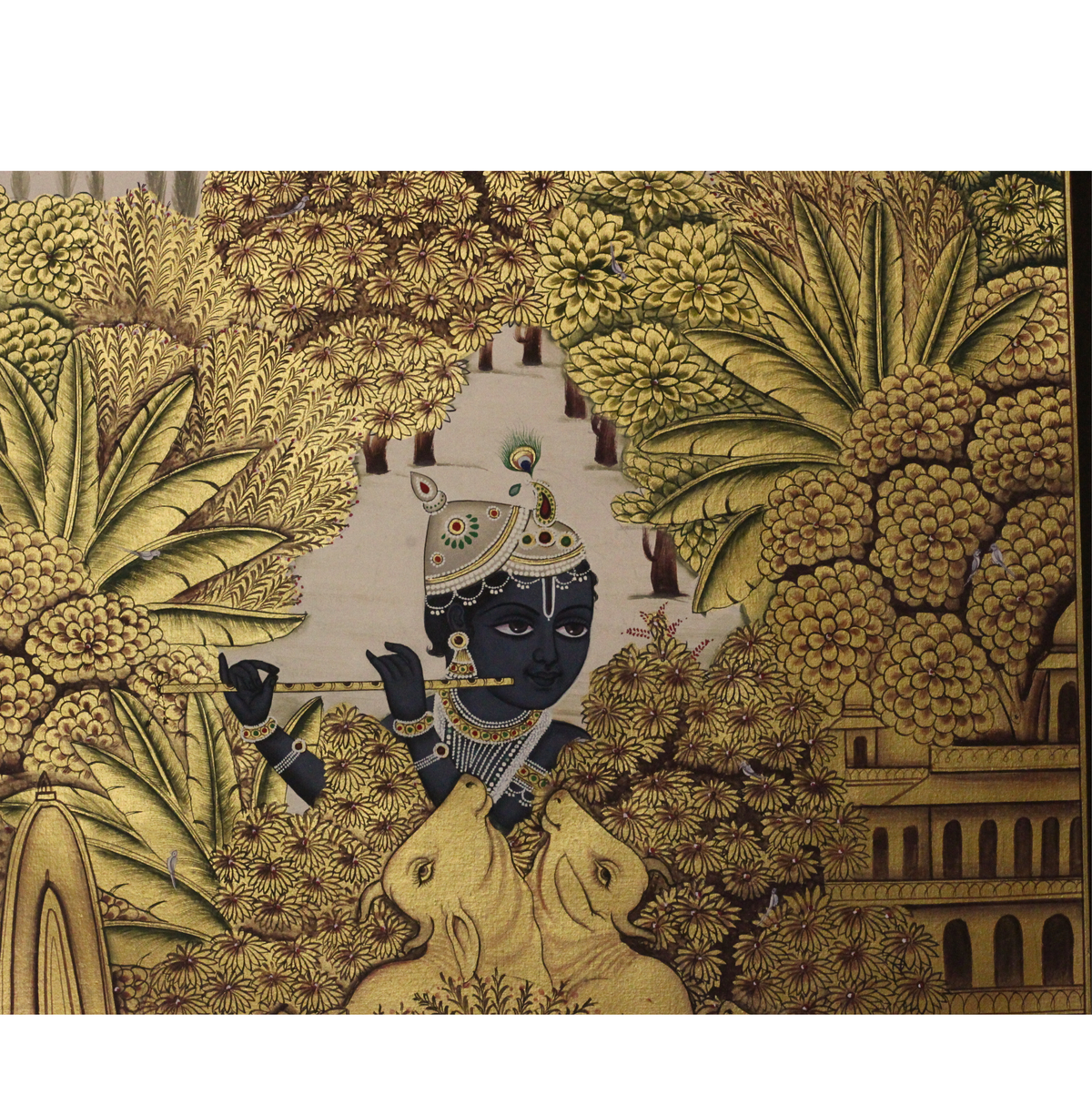 Krishna with Cows Pichwai Painting – Golden Vrindavan Wall Art