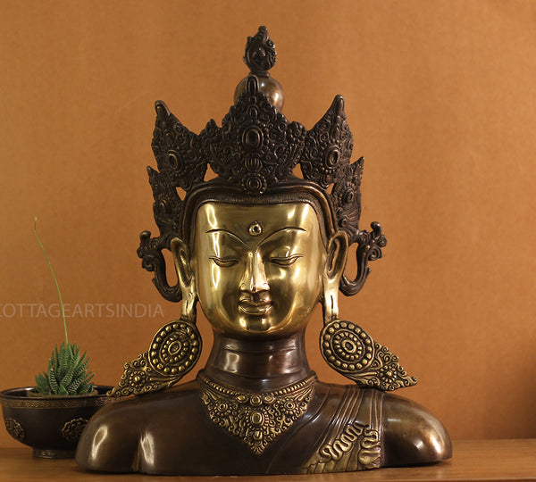 Brass Crown Buddha Bust 18"