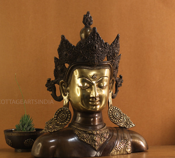 Brass Crown Buddha Bust 18"