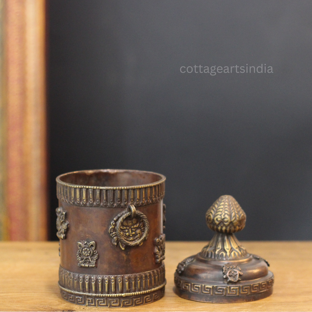 Antique Finish Copper & Brass Tibetan Motif Box with Ornamental Lid