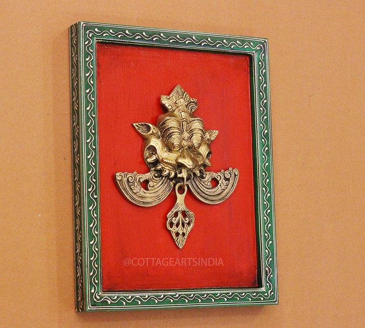 Brass Kirti Mukha Wall Mask Wooden Frame