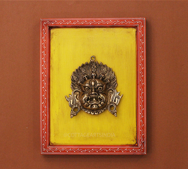 Brass Bhairav Wall Mask Wooden Frame
