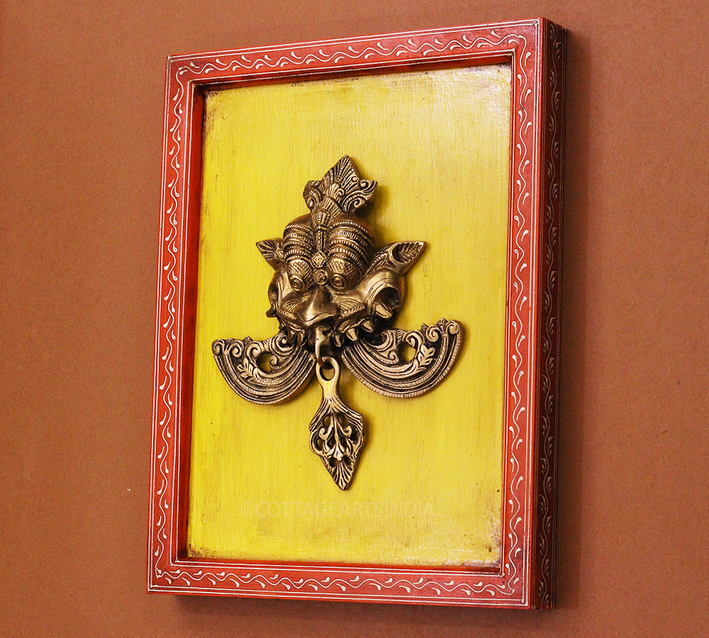 Brass Kirti Mukha Wall Mask Wooden Frame