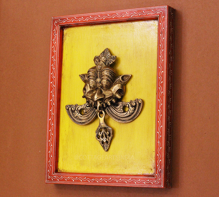 Brass Kirti Mukha Wall Mask Wooden Frame