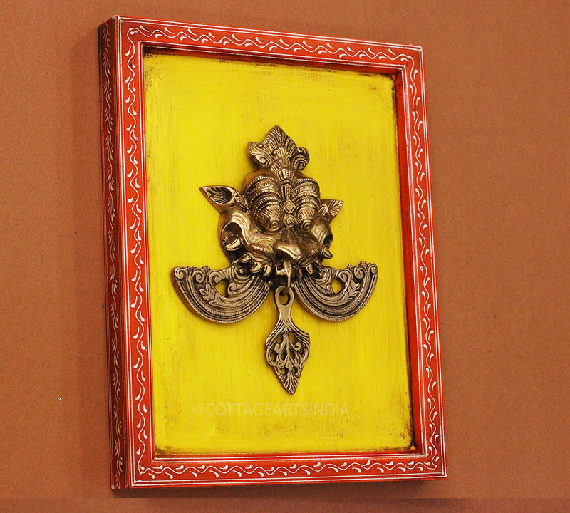 Brass Kirti Mukha Wall Mask Wooden Frame