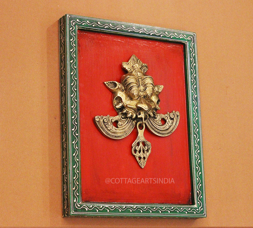 Brass Kirti Mukha Wall Mask Wooden Frame