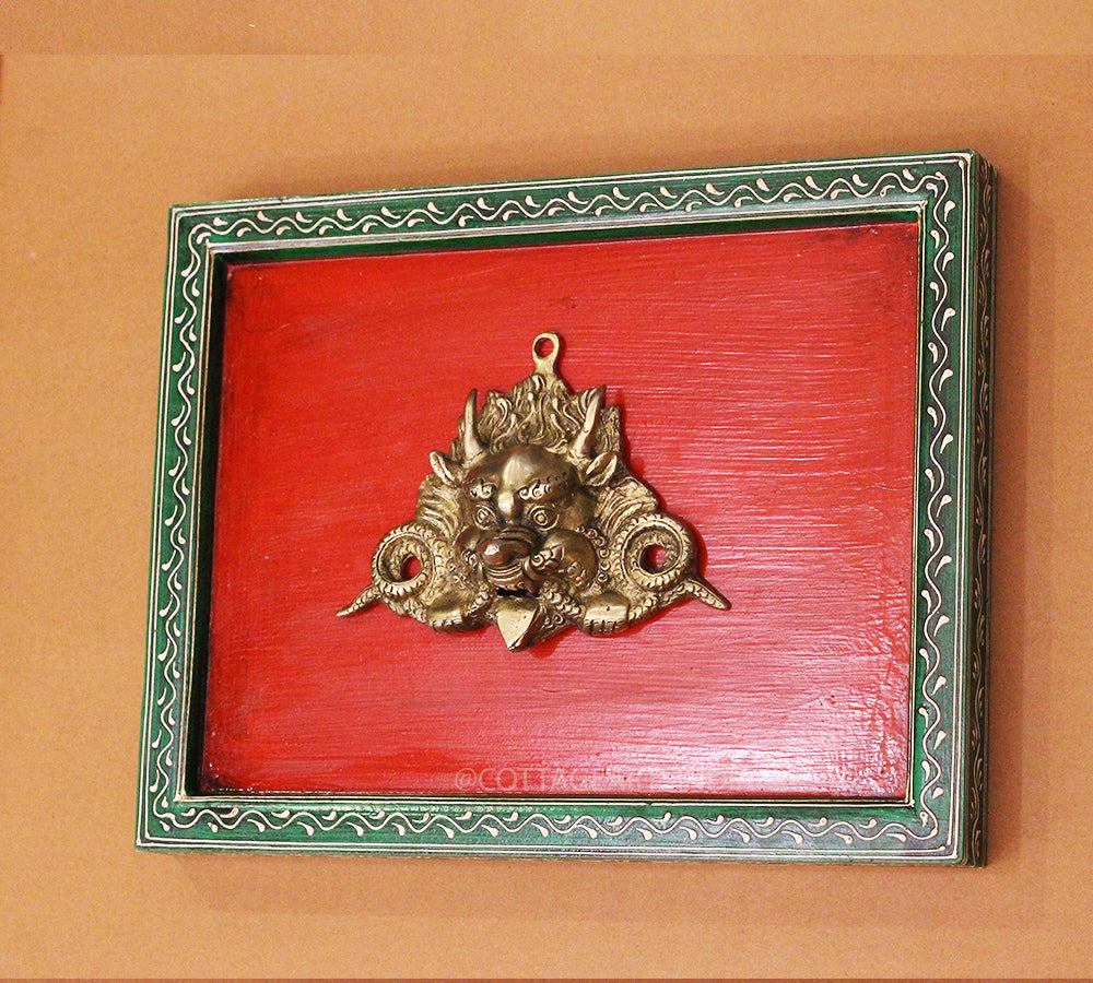 Brass Bhairav Wall Mask Wooden Frame