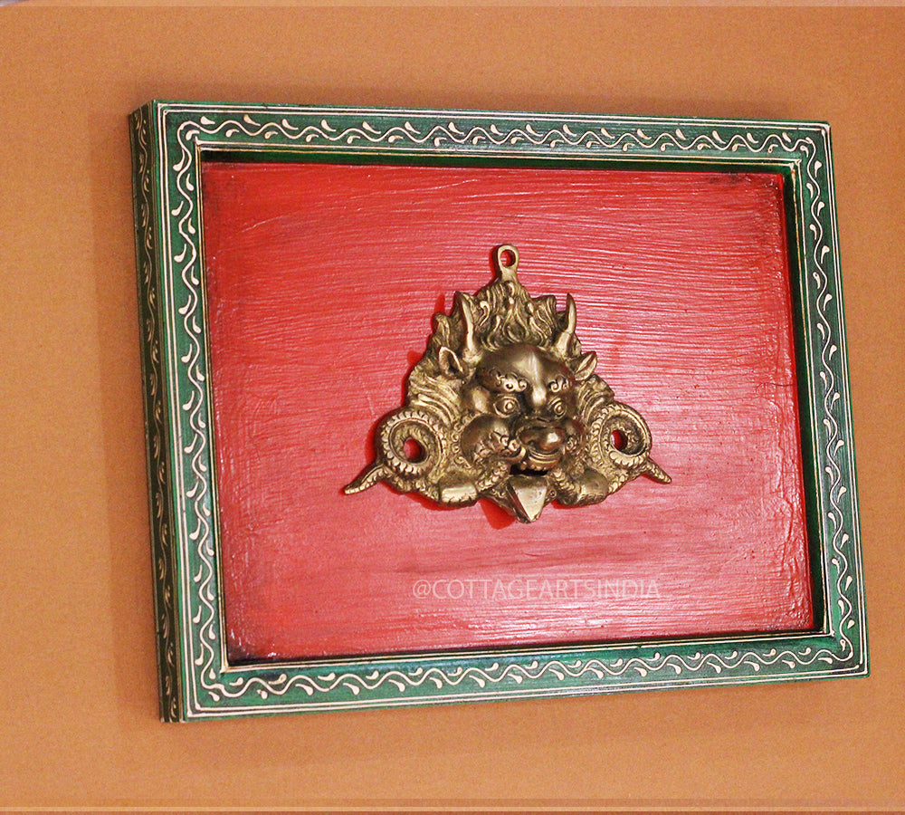 Brass Bhairav Wall Mask Wooden Frame