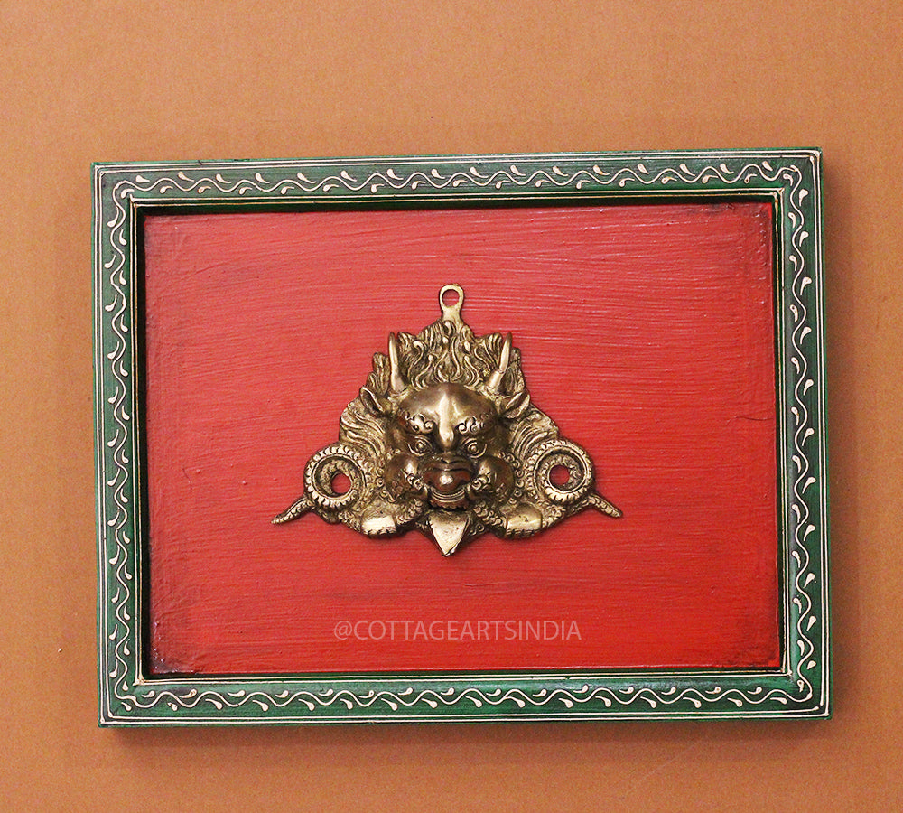 Brass Bhairav Wall Mask Wooden Frame