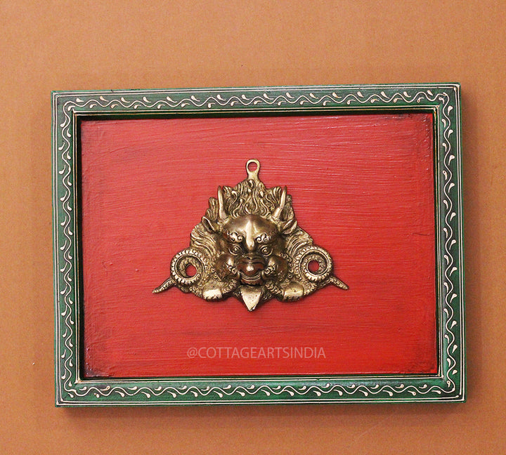 Brass Bhairav Wall Mask Wooden Frame