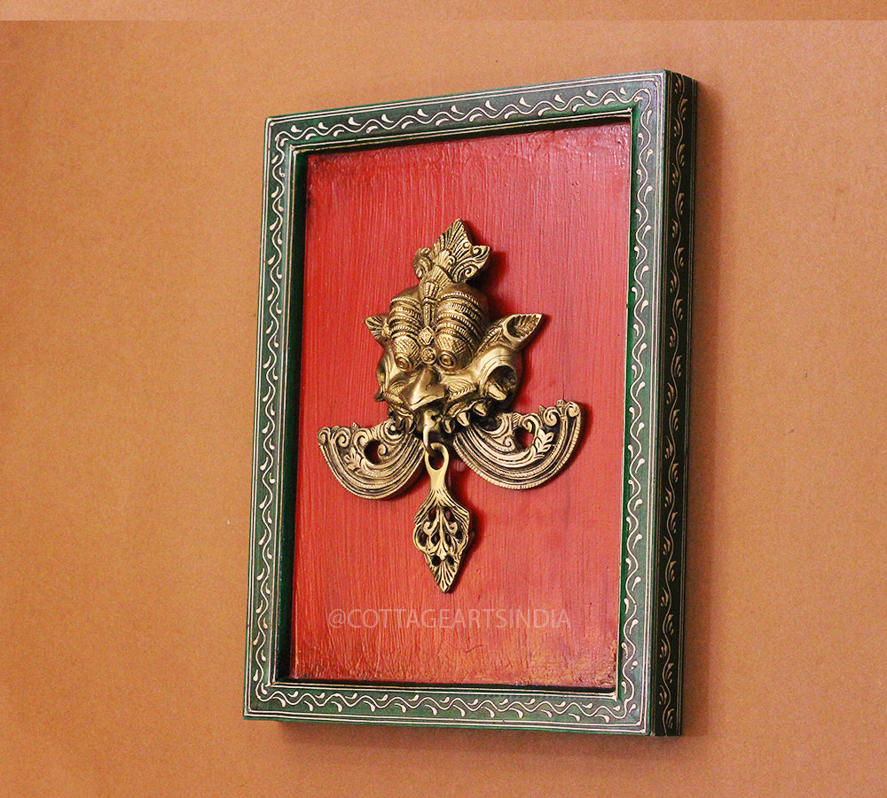 Brass Kirti Mukha Wall Mask Wooden Frame