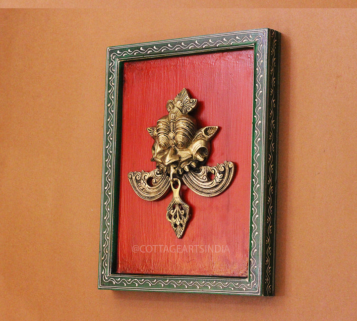 Brass Kirti Mukha Wall Mask Wooden Frame
