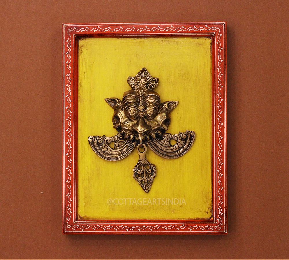 Brass Kirti Mukha Wall Mask Wooden Frame